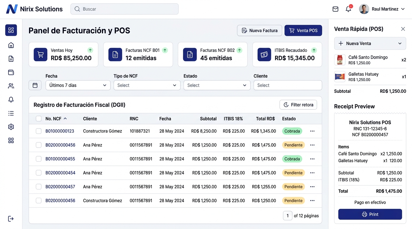 Módulo de Facturación Fiscal DGII con NCF y Punto de Venta POS de Nirix Solutions